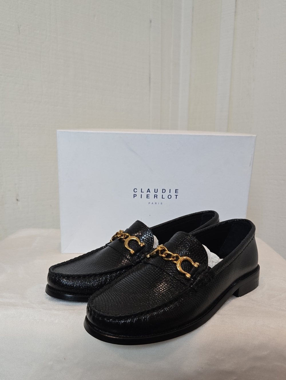 Claudie Pierlot Black Leather Gold Chain Loafers Sz 39